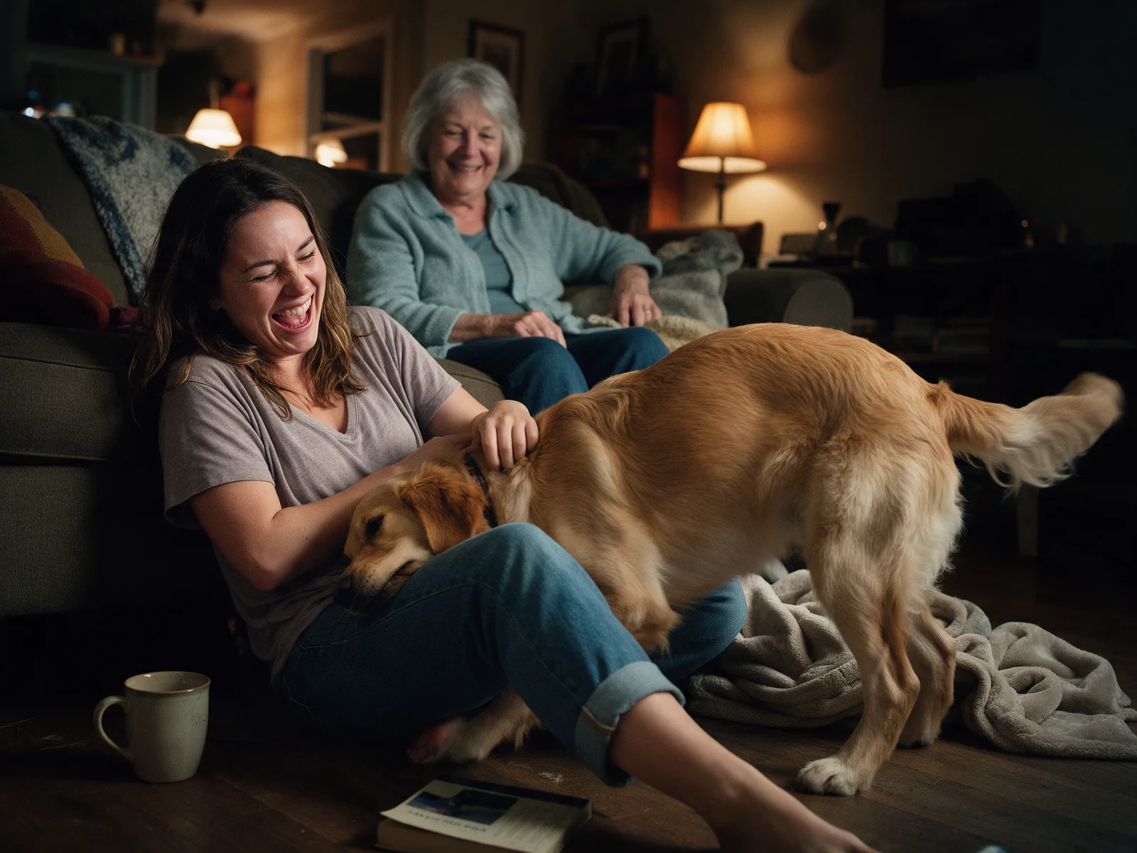 Eine Frau sitzt lachend auf dem Boden, ihr Golden Retriever drängt sich in ihren Schoß, ihre Mutter schaut vom Sofa zu